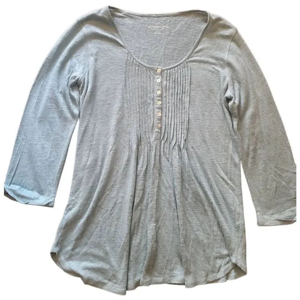Soft Surroundings Blouse Women's Small Green Seafoam Linen Henley Pintuck Top